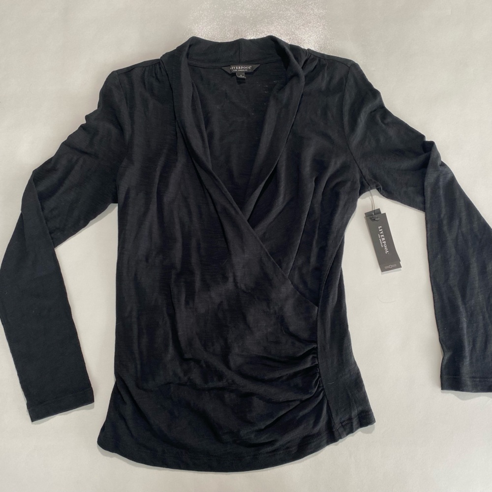NEW Size M Women's Liverpool Los Angeles Faux Wrap Top Blouse Shirt Black $59 - Picture 2 of 4